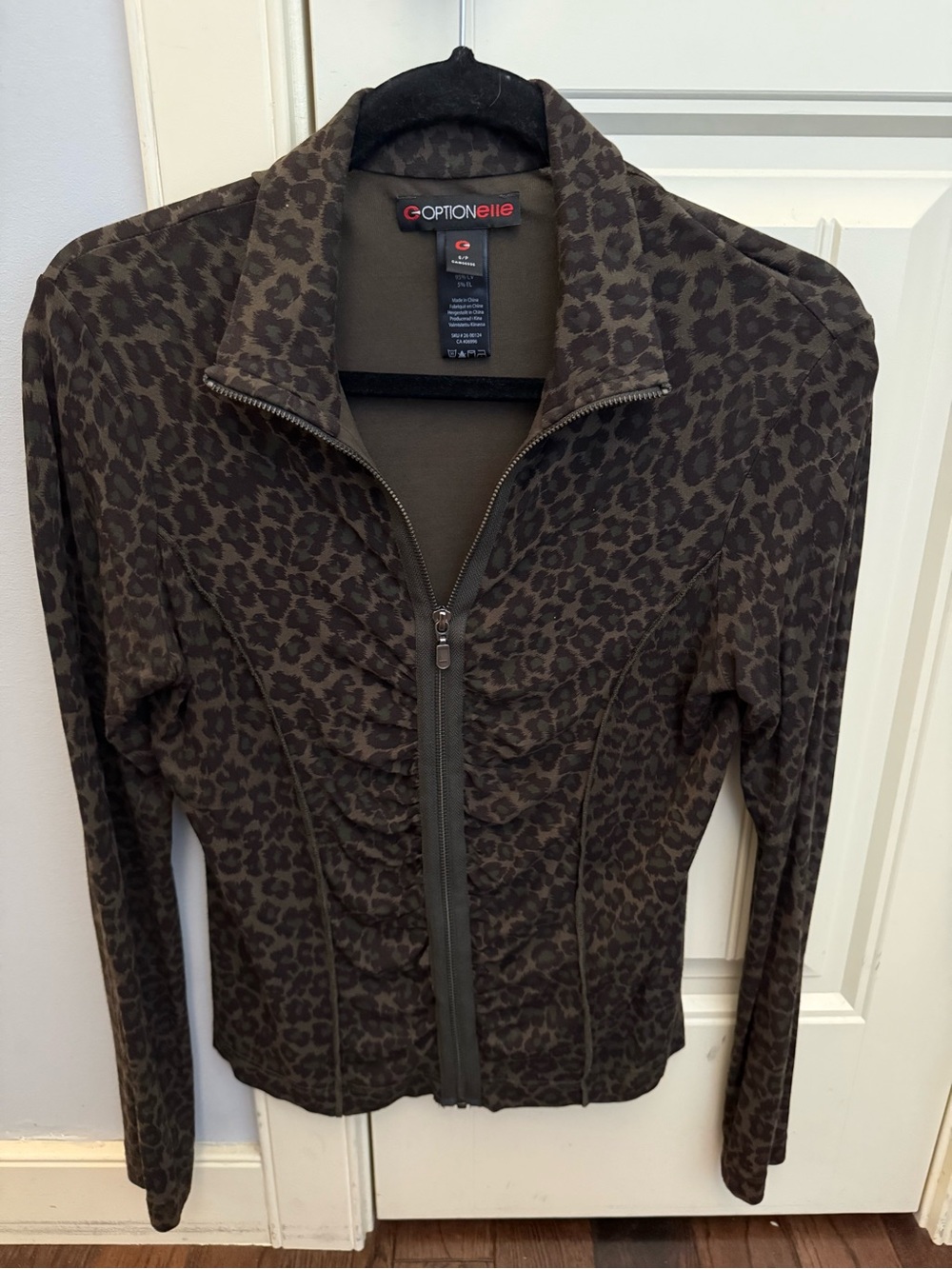 Brown and Green Leopard-Print Zip Front Jacket